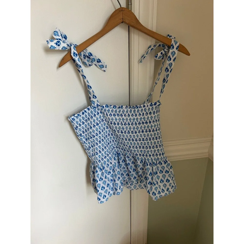 J.‎ Crew Smocked Tie-Shoulder Peplum Top Floral Block Print Blue White Size L